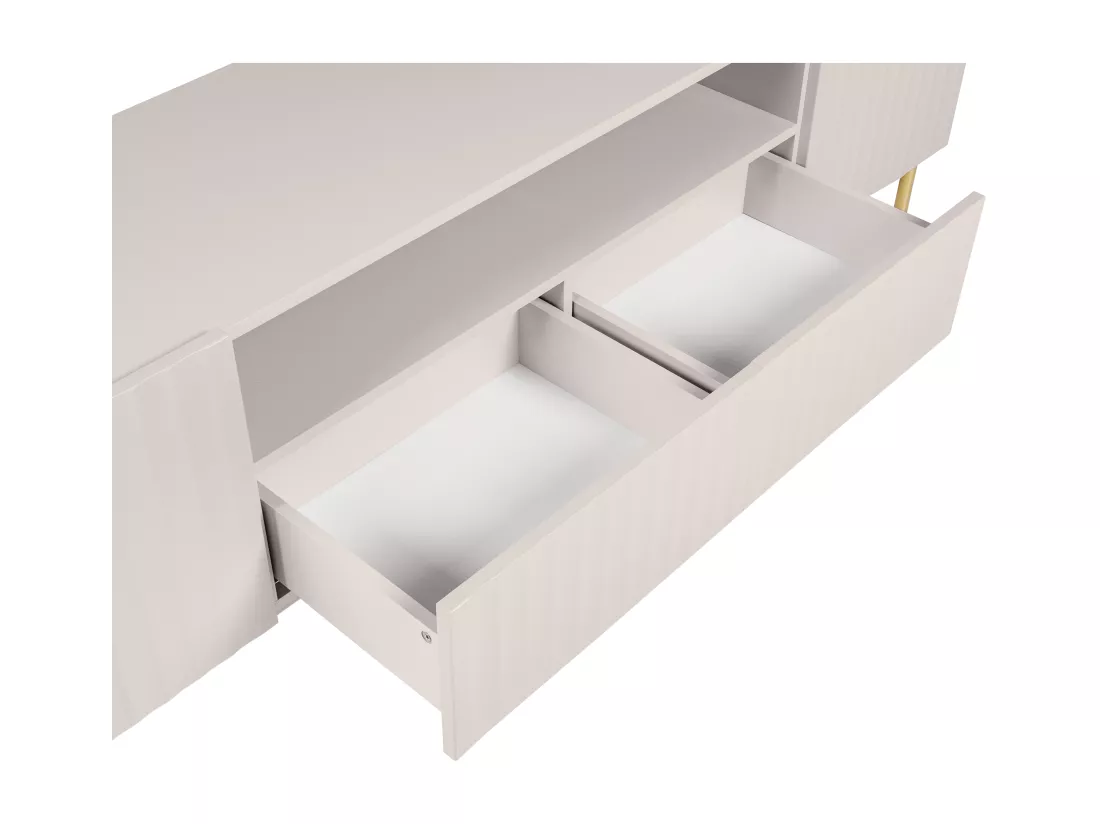 Meuble TV avec 2 portes, 2 tiroirs et 2 niches en MDF et acier - Beige et doré - EVILANA