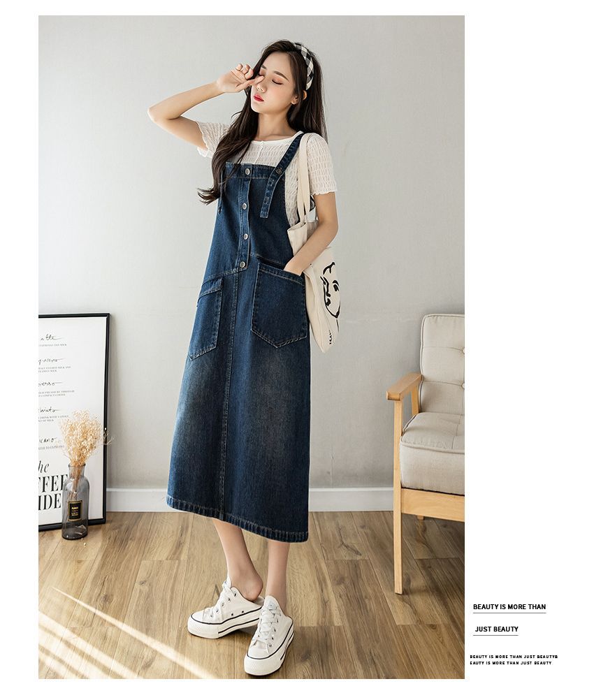 Happo - Gewassen halfknoops midi A-lijn overall denim jurk