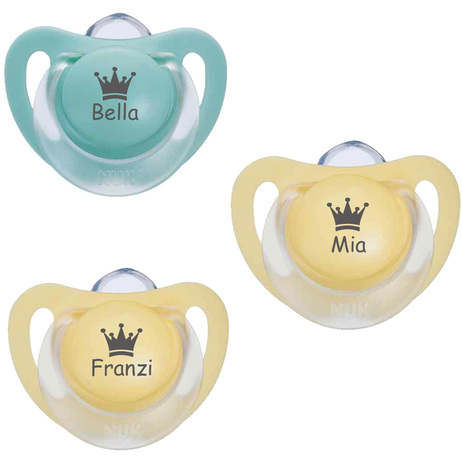 Schnullireich Schnuller mit Namen  Namensschnuller NUK Starlight Krone – 2er Set (Mädchen) Gelb