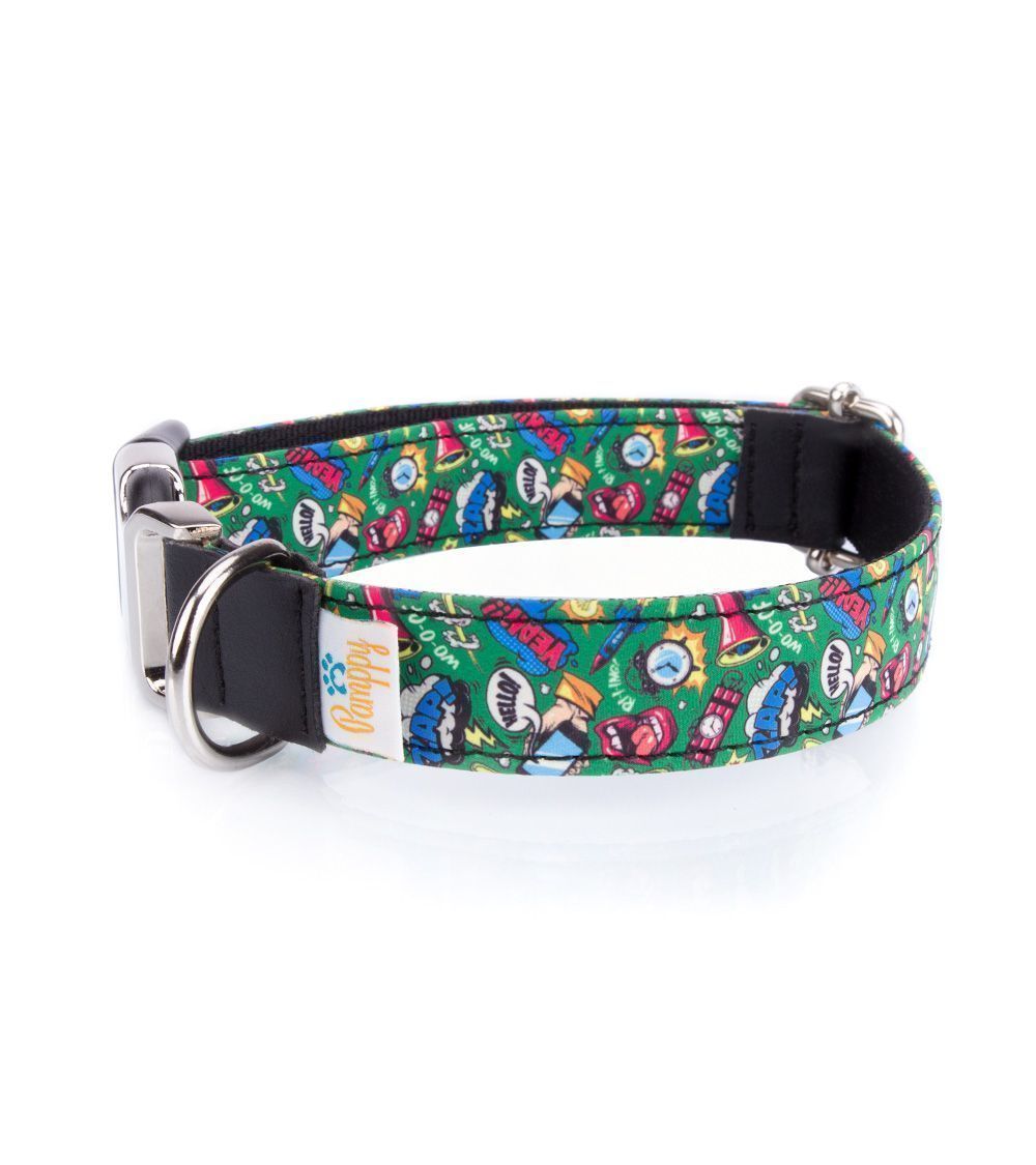 Coleira Pappy, design divertido de boca em quadrinhos, multicolorida