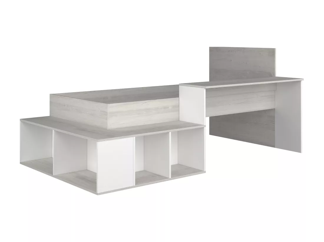 Lit combiné 90 x 200 cm avec rangements et bureau - Coloris : Naturel et Blanc - RIGALI