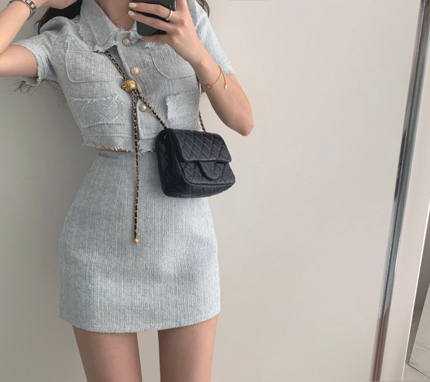 NENE - Tweed kort mouwen cropped jasje / mini kokerrok