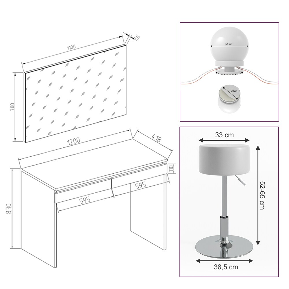 Vicco Schminktisch Emma Frisiertisch Frisierkommode Kommode Weiß Sonoma inklusive Spiegel, Hocker und LED-Lichterkette