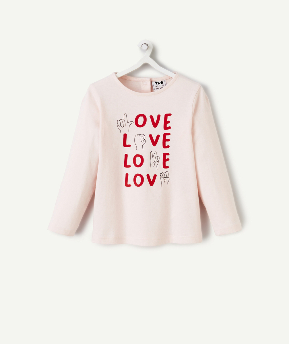 T-SHIRT BÉBÉ FILLE EN COTON BIO ROSE AVEC MESSAGES ANIMÉS LOVE