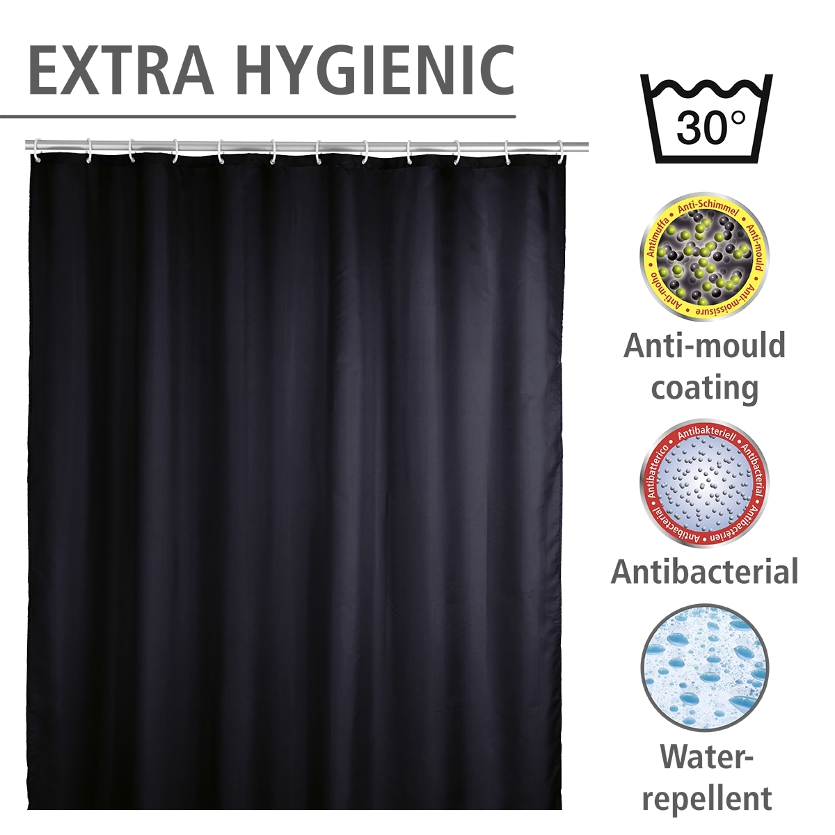 Wenko anti-schimmel douchegordijn 180x200cm polyester uni zwart inclusief ringen