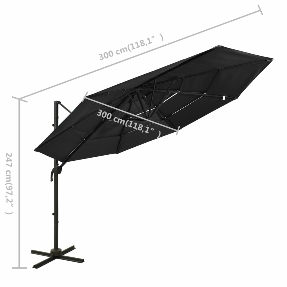 Parasol à 4 niveaux avec mât en aluminium 3 x 3 m noir
