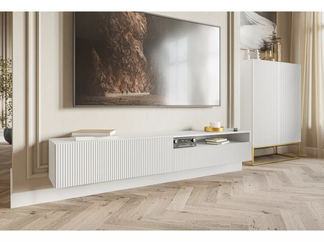 Meuble TV - 175 cm - suspendue avec niche - blanc - VELDIO