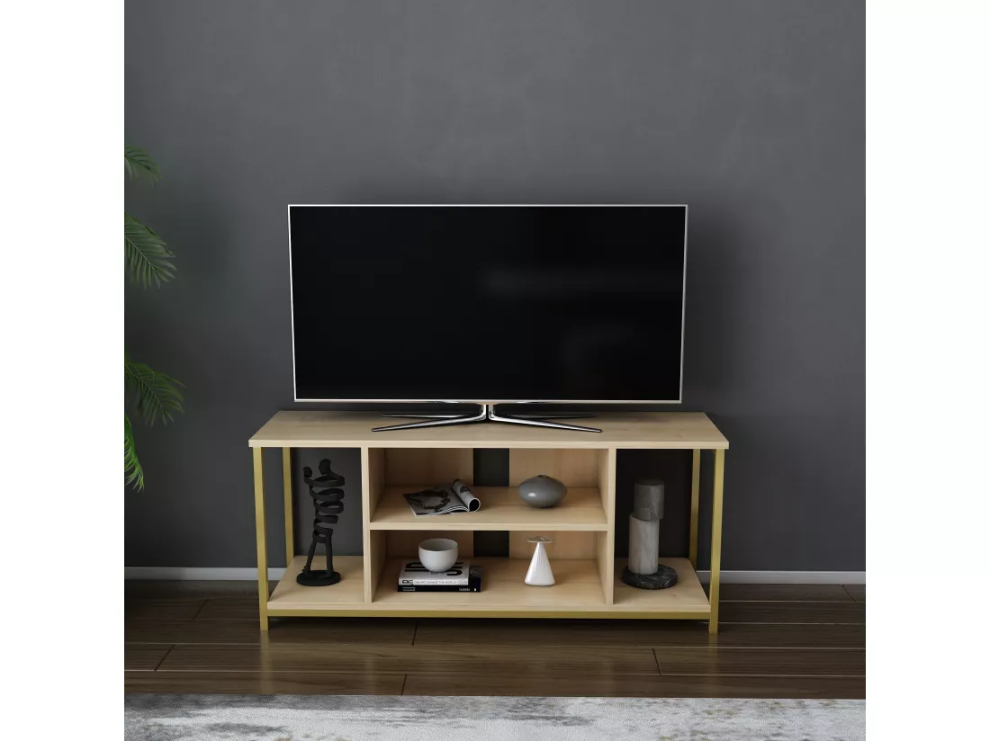 Meuble TV Rinaldo de 120 cm avec niches, cadre en métal (Doré et Chêne)