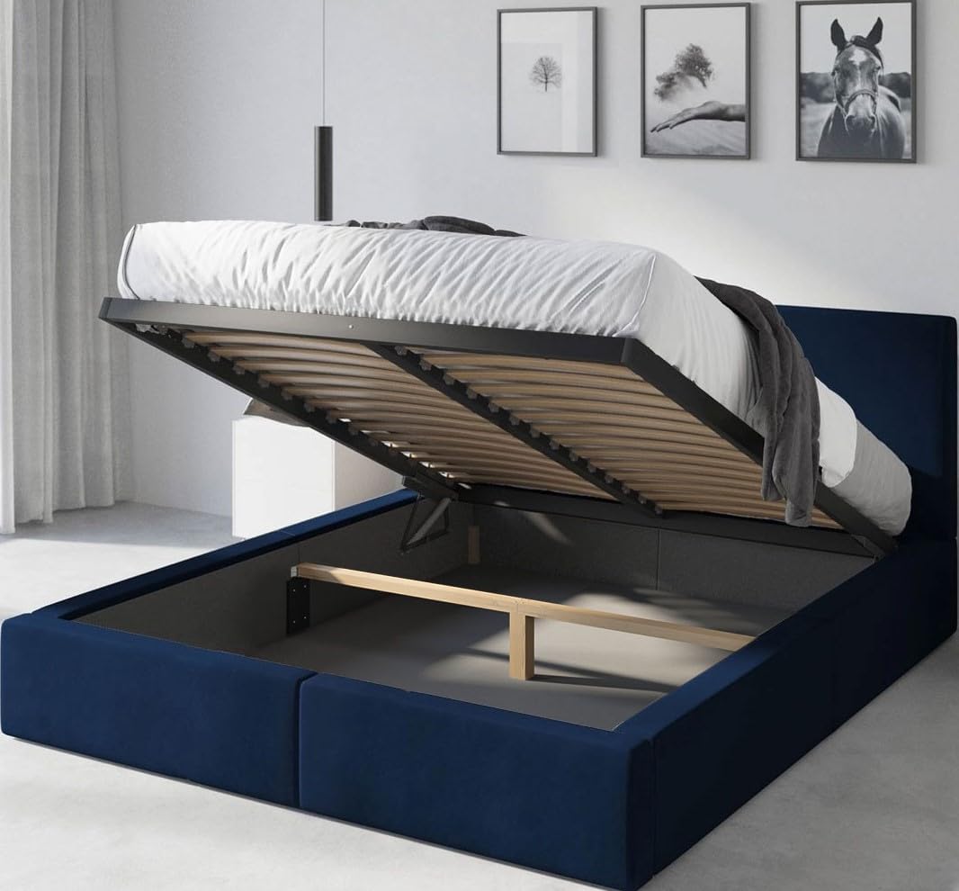 Interbeds Polsterbett 140x200 cm Bett Doppelbett mit Stauraum mit Lattenrost Bettkasten Boxspringbett hydrophob gepolsterter Bettrahmen (Dunkelblau, 140x200cm)