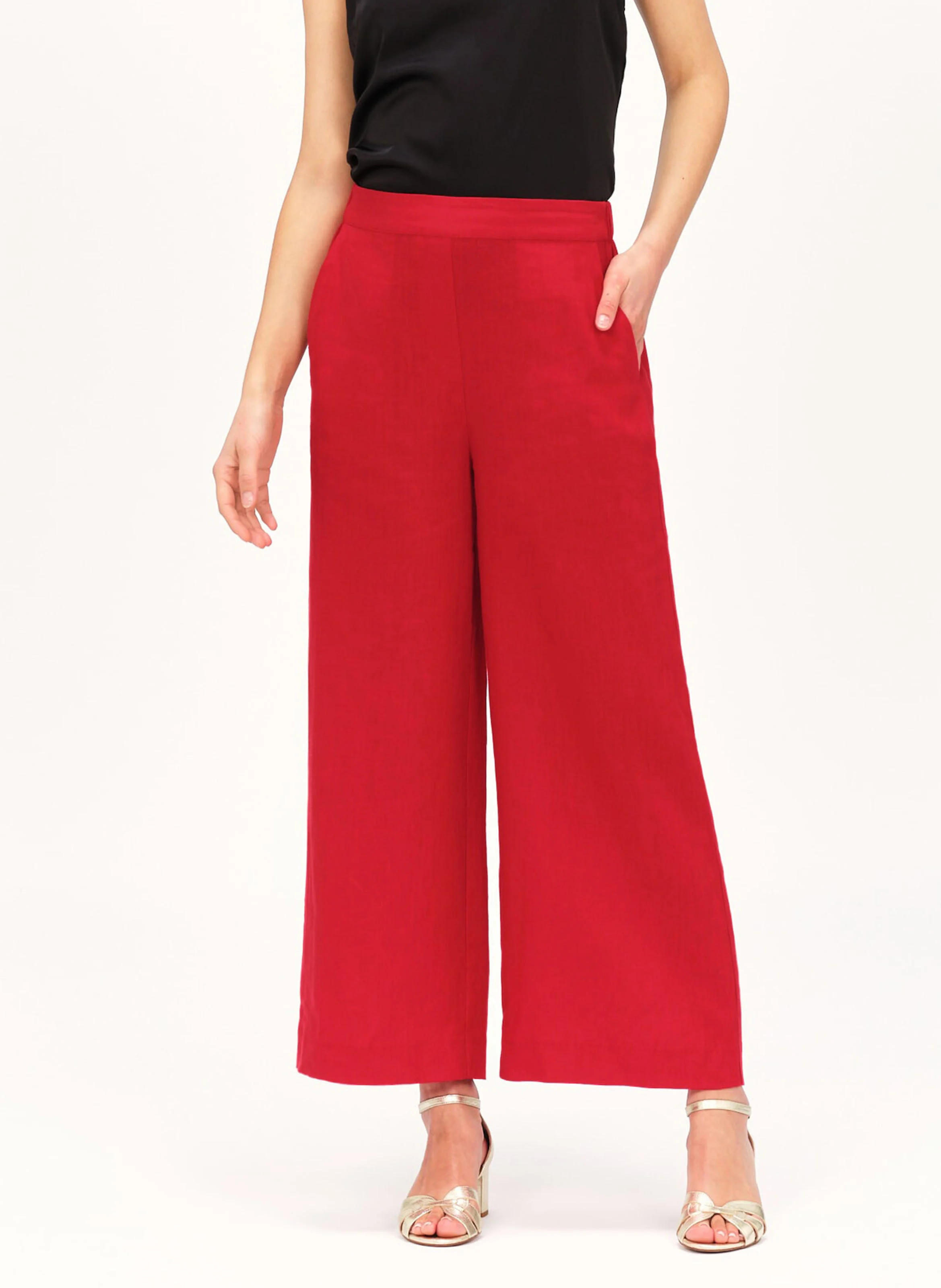 PANDI - Pantalon large taille haute en lin | Rouge