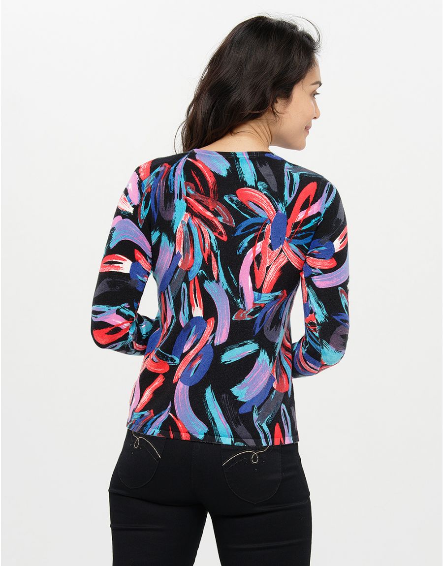 Pull noir rose à motifs