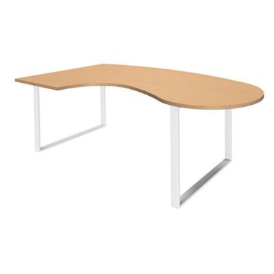 Bureau LOFTER Manager arrondi - retour à gauche - L200 cm - Plateau imitation Hêtre - Pied blanc (Pieds de renfort obligatoire à rajouter - non inclus)