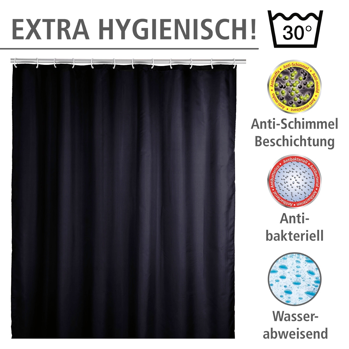 WENKO Duschvorhang »Uni Black« Breite 180 cm Höhe 200 cm, Polyester, waschbar
