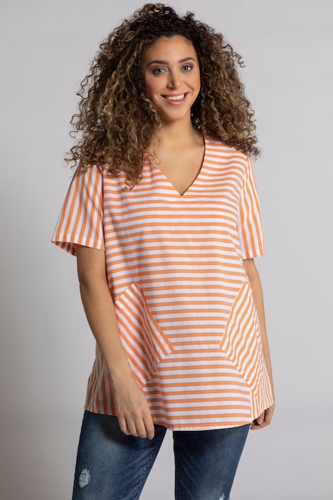 Bluse, Streifenmix, A-Line, V-Ausschnitt, Halbarm