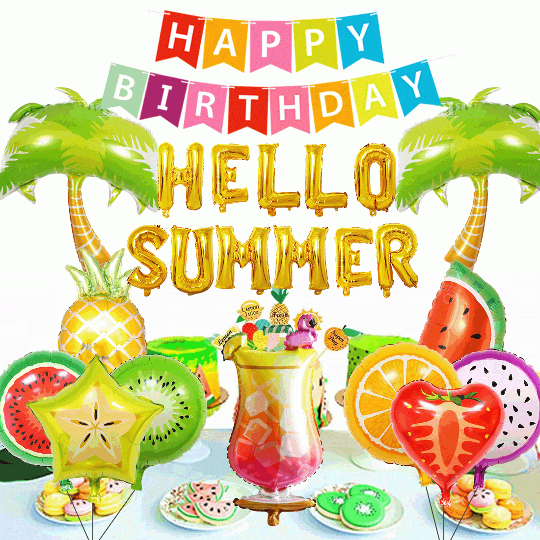 (22-tlg. Set) Happy Birthday Girlande Geburtstags Party Sommer Deko Früchte Folienballons - Hello Summer