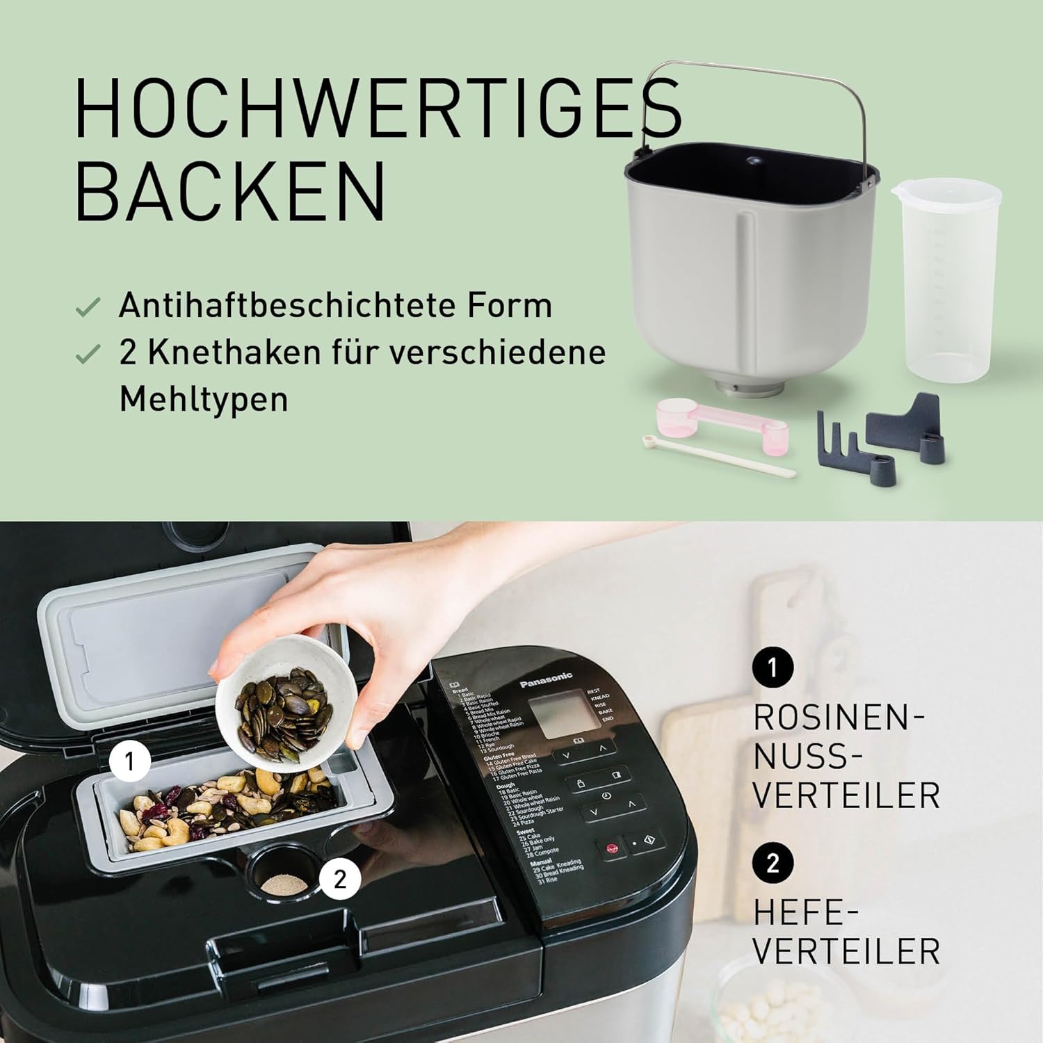 Panasonic SD-YR2550 Vollautomatischer Brotbackautomat, horizontales Design, Rosinen-Nussverteiler und Hefespender, 31 automatische Programme, zwei Temperatursensoren, 13-Stunden-Zeitvorwahl, Silber