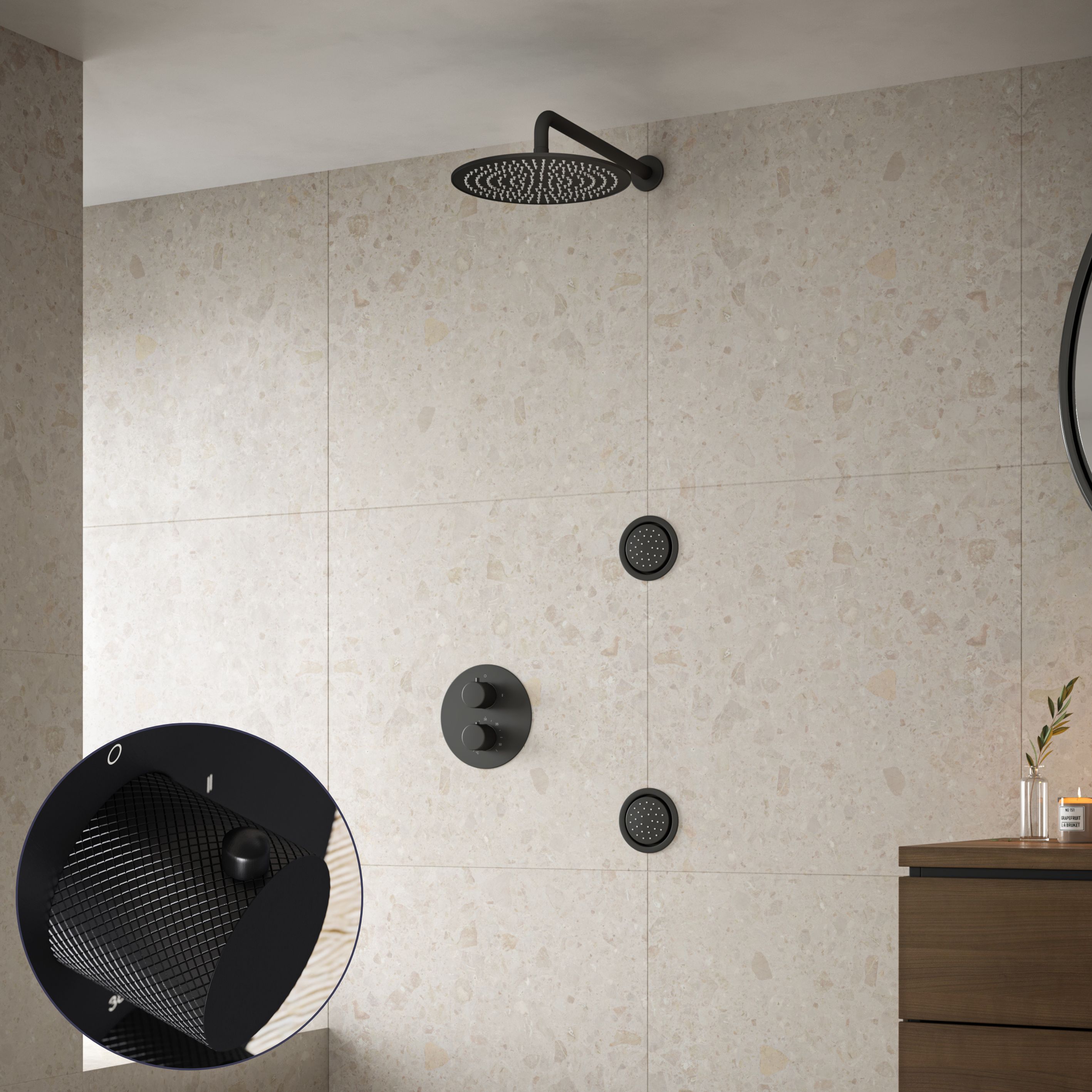 Saniclear Nero Curved inbouw regendouche 20cm met ronde massagejets en muurarm zwart mat