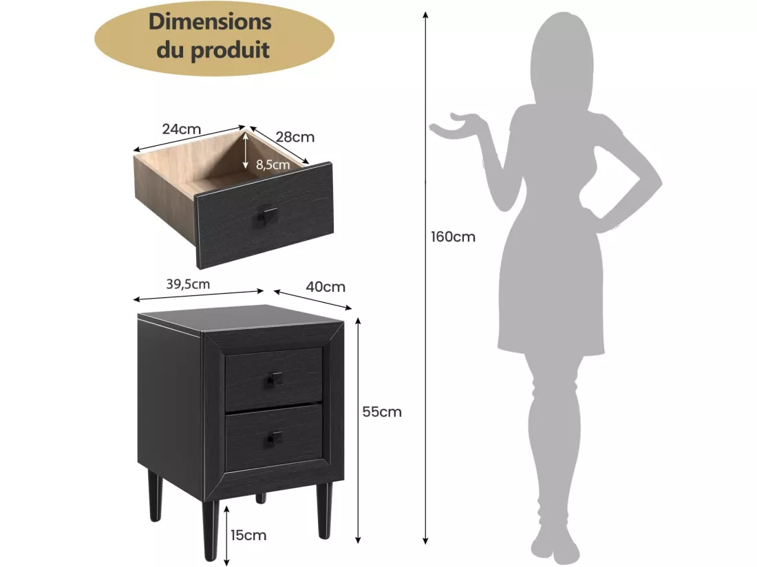 Table de Chevet Moderne avec 2 Tiroirs, 40 x 39,5 x 55 CM,Table de Nuitavec Pieds en Bois Massif et Poignées,Noir