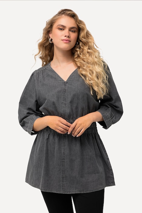 Jeansbluse, Quernaht, A-Linie, V-Ausschnitt, 3/4-Arm