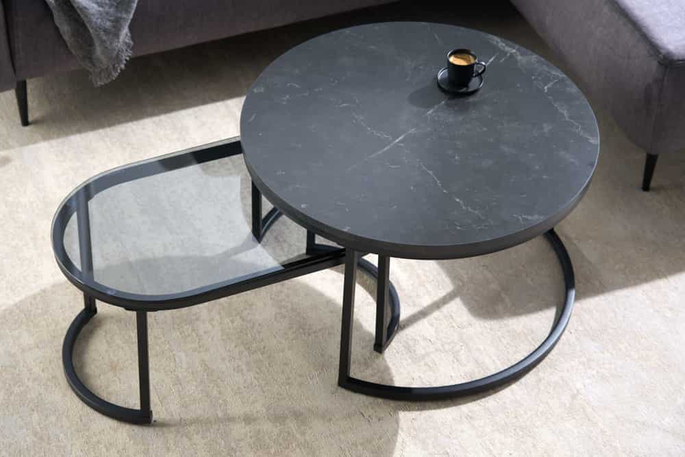 2er Set Couchtisch ELEGANCE 70cm graphit Marmor-Design Glas Metall rund oval
