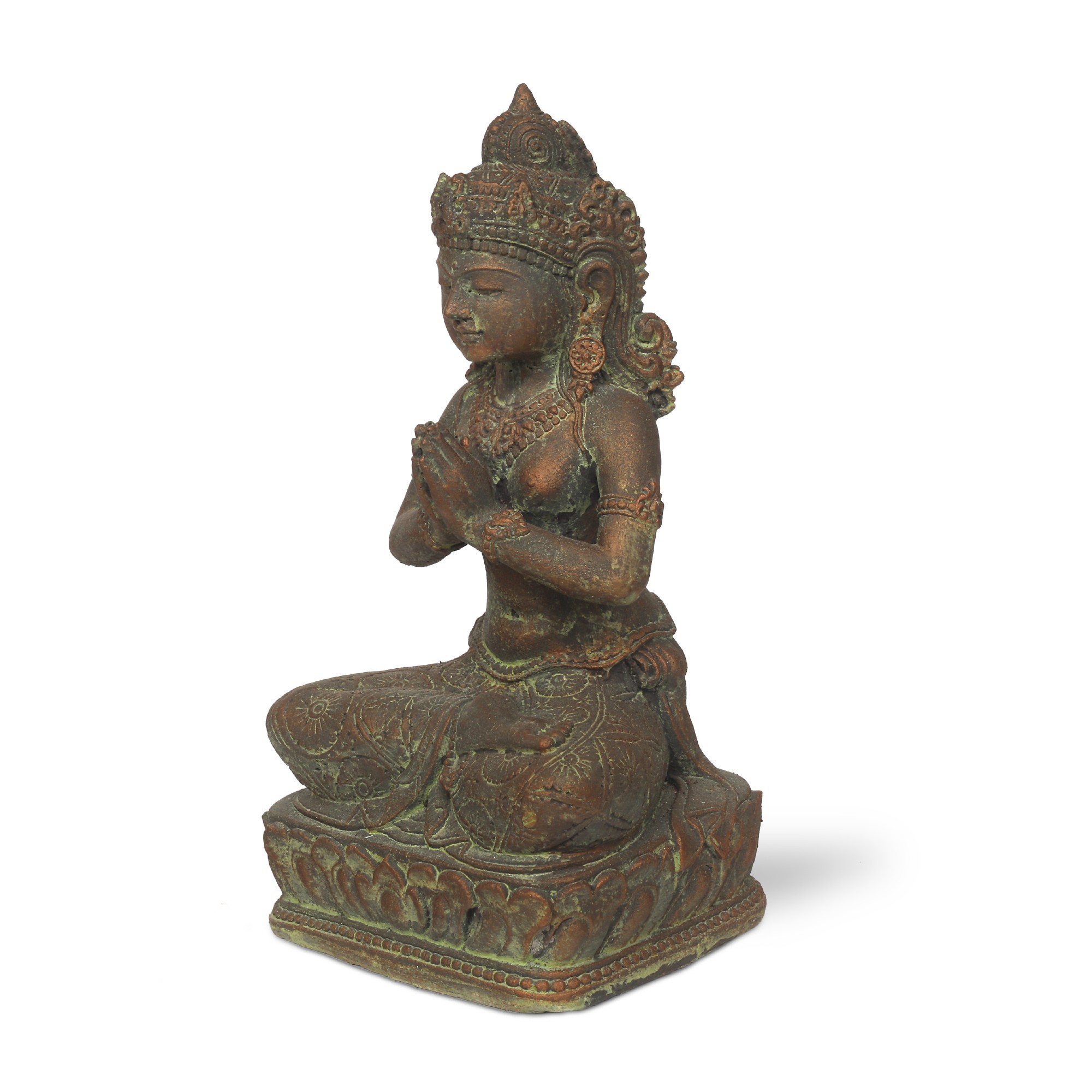 Zement-Statue 'Göttin Tara sitzend', antik kupfer, H 34 cm, B 16 cm, L 14 cm von fischer's lagerhaus