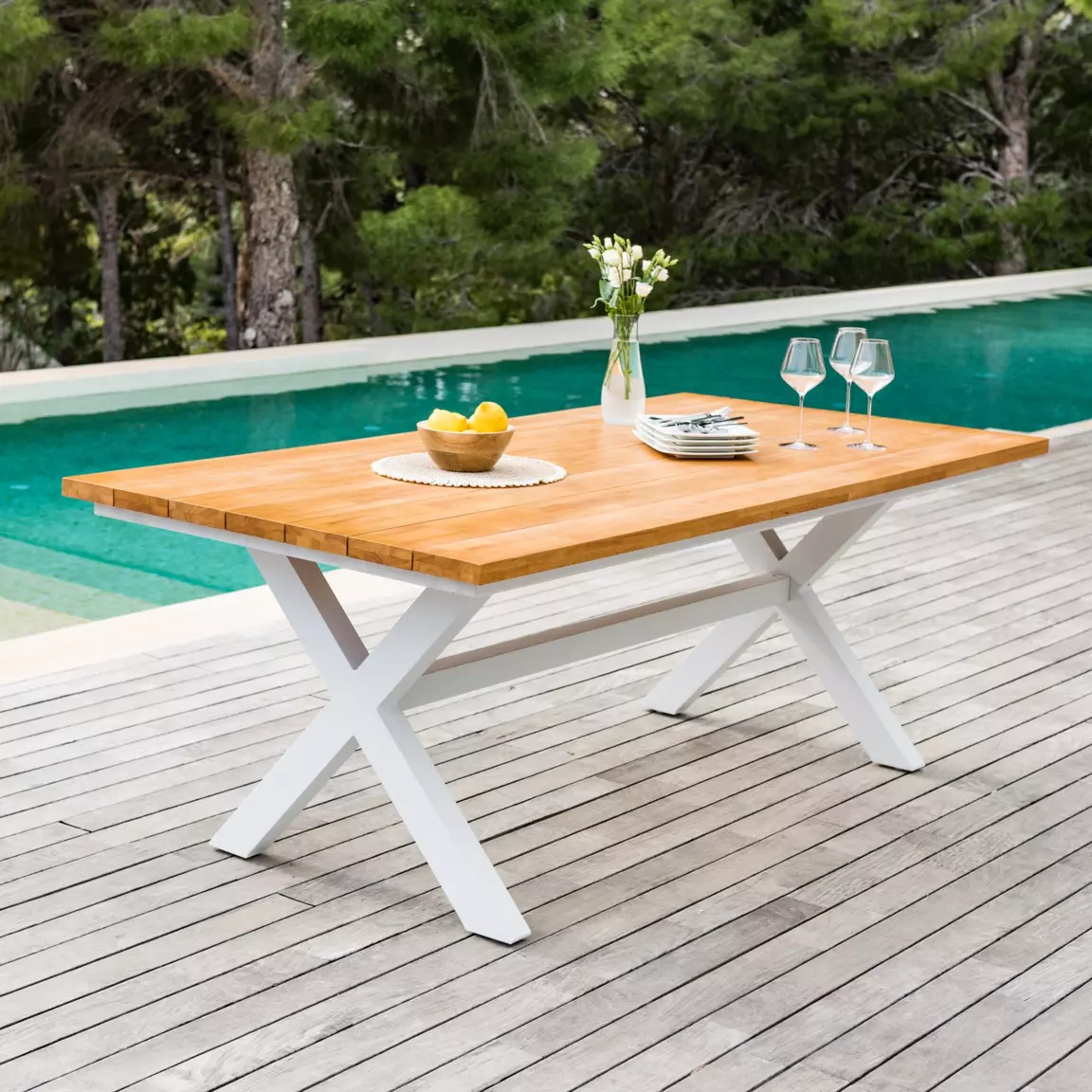 Table de jardin en aluminium et bois teck 8 places (200 x 100 cm) Bali Blanc
