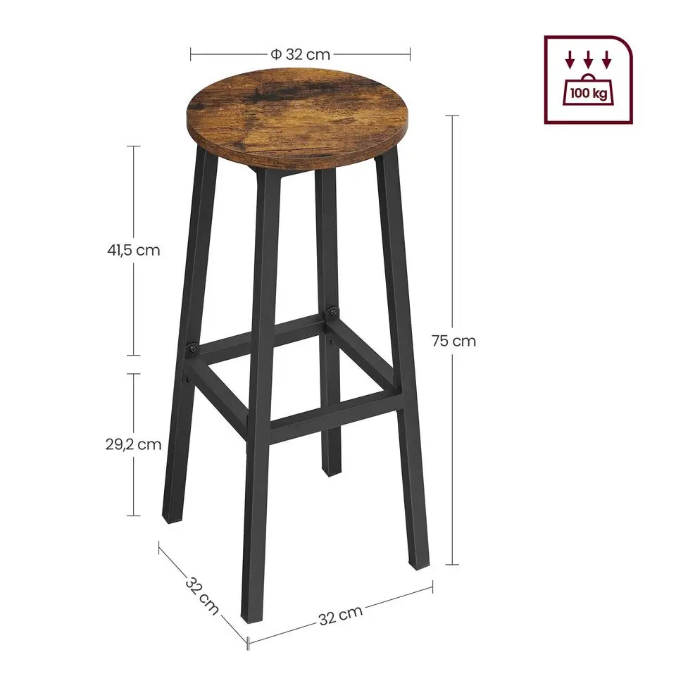 Set van 2 Barkrukken - met stabiel stalen frame, hoogte 75 cm -Bruin-zwart