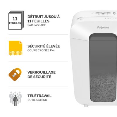 Fellowes Powershred LX70 - destructeur de documents coupe croisée - 11 feuilles - Corbeille 18 litres - blanc