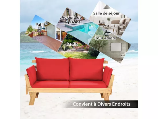 Canapé Lit de Jardin Convertible 2 Places en Bois d’Acacia avec Coussin, Canapé de Jardin 2 en 1 avec Accoudoir Réglable Charge 320KG, pour Patio Piscine (Rouge)