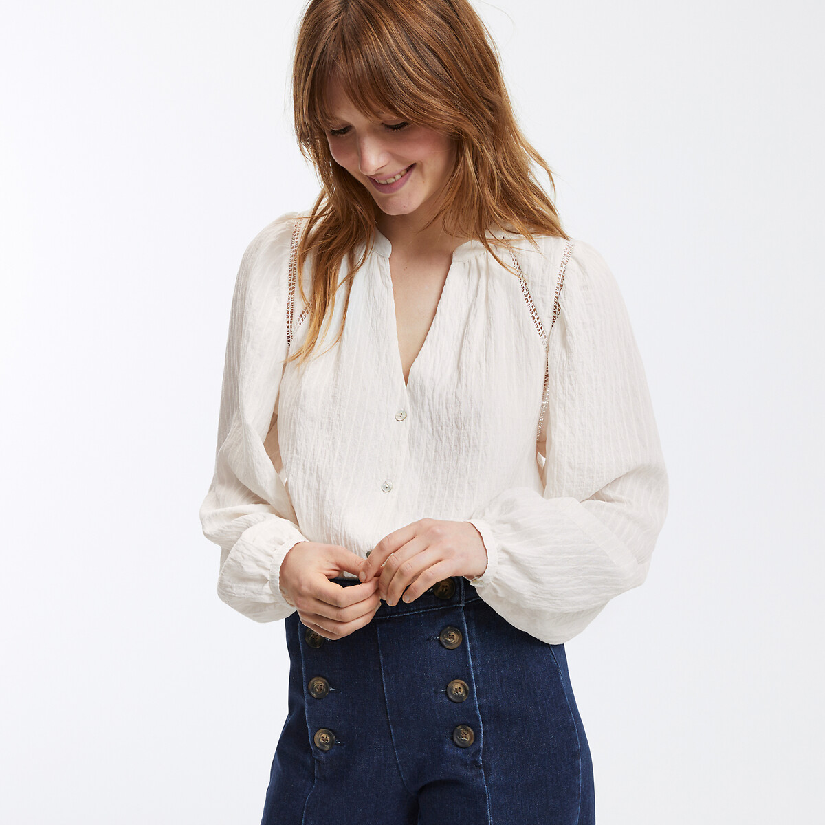 COLEÇÕES LA REDOUTE<br>Blusa folgada com decote em V e mangas bufantes