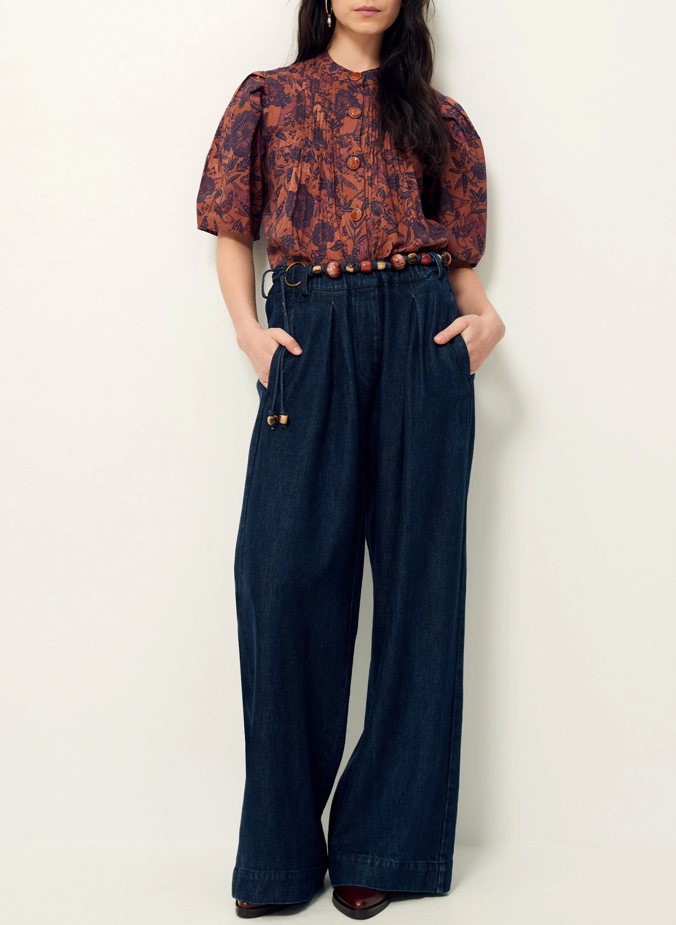 VIRGINIA - Chemisier ample col mao en coton | Marron