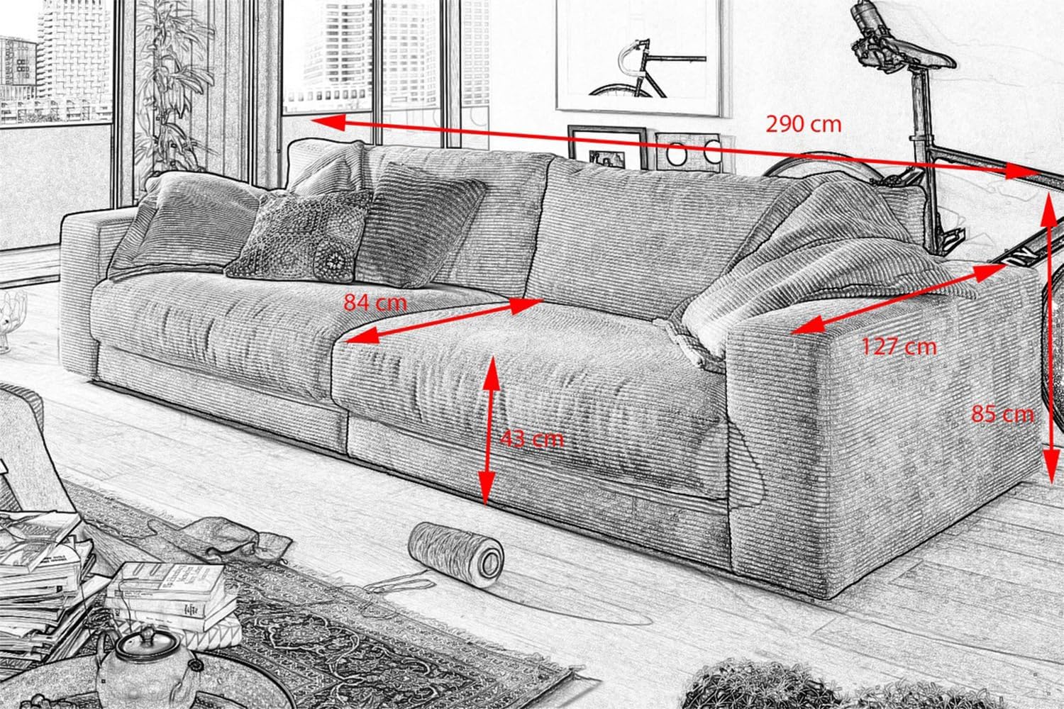 KAWOLA Big Sofa Megasofa 3-Sitzer Madeline - Sofa Wohnzimmer Couch Smaragd Cord, 3-Sitzer Komfortable und Moderne Couch