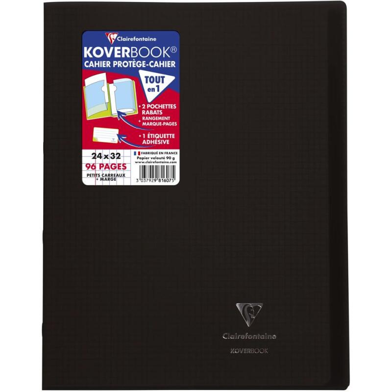 Cahier piqué Koverbook 24x32 cm 96 pages petits carreaux + marge couverture polypropylène transparent - Gris