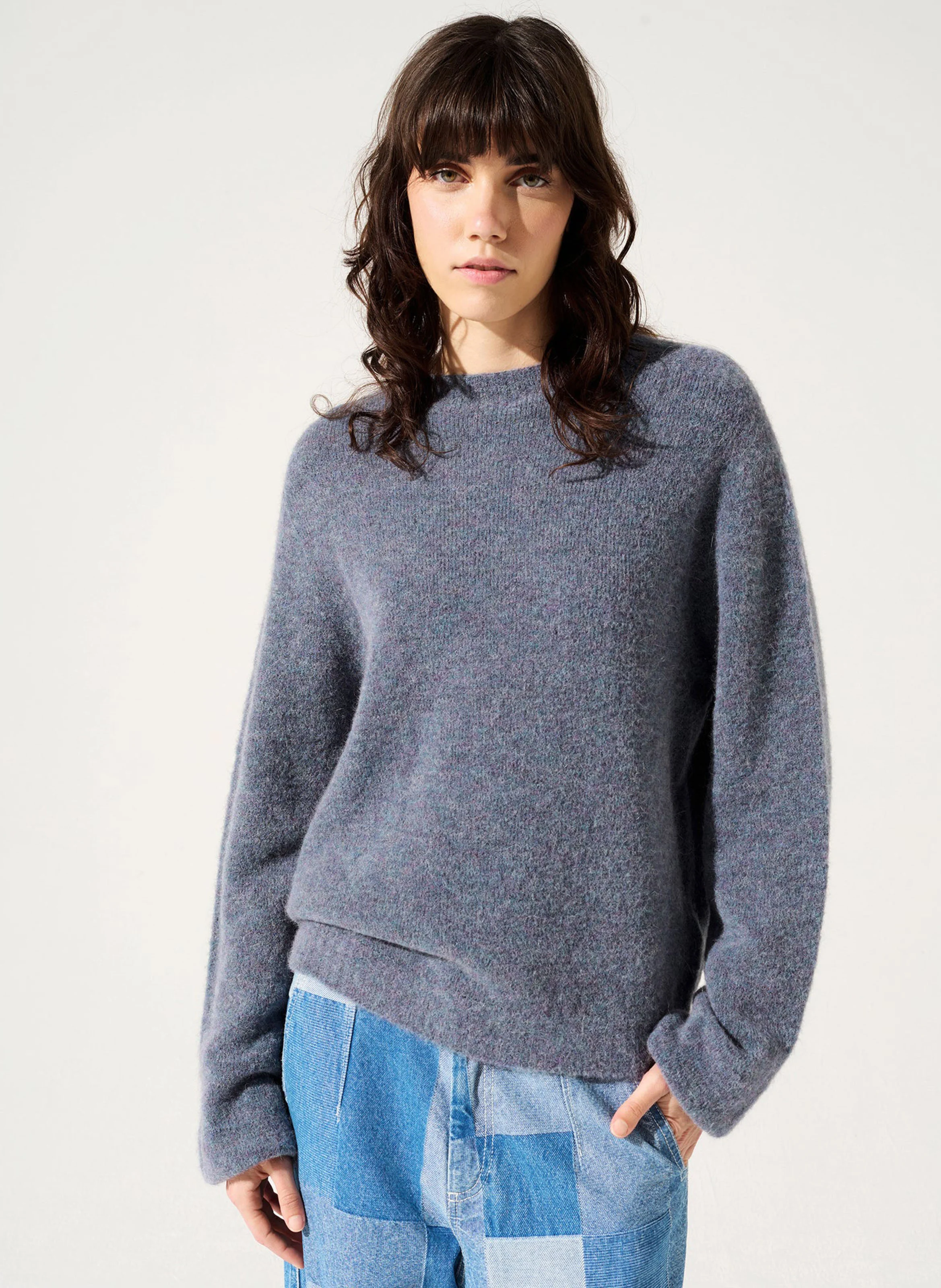 WAYNE - Pull droit col rond en maille mélangée | Bleu