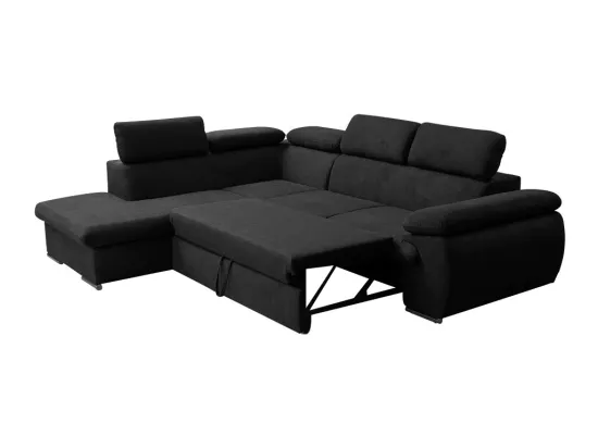 Canapé d'angle gauche convertible en tissu noir avec coffre de rangement FABIEN