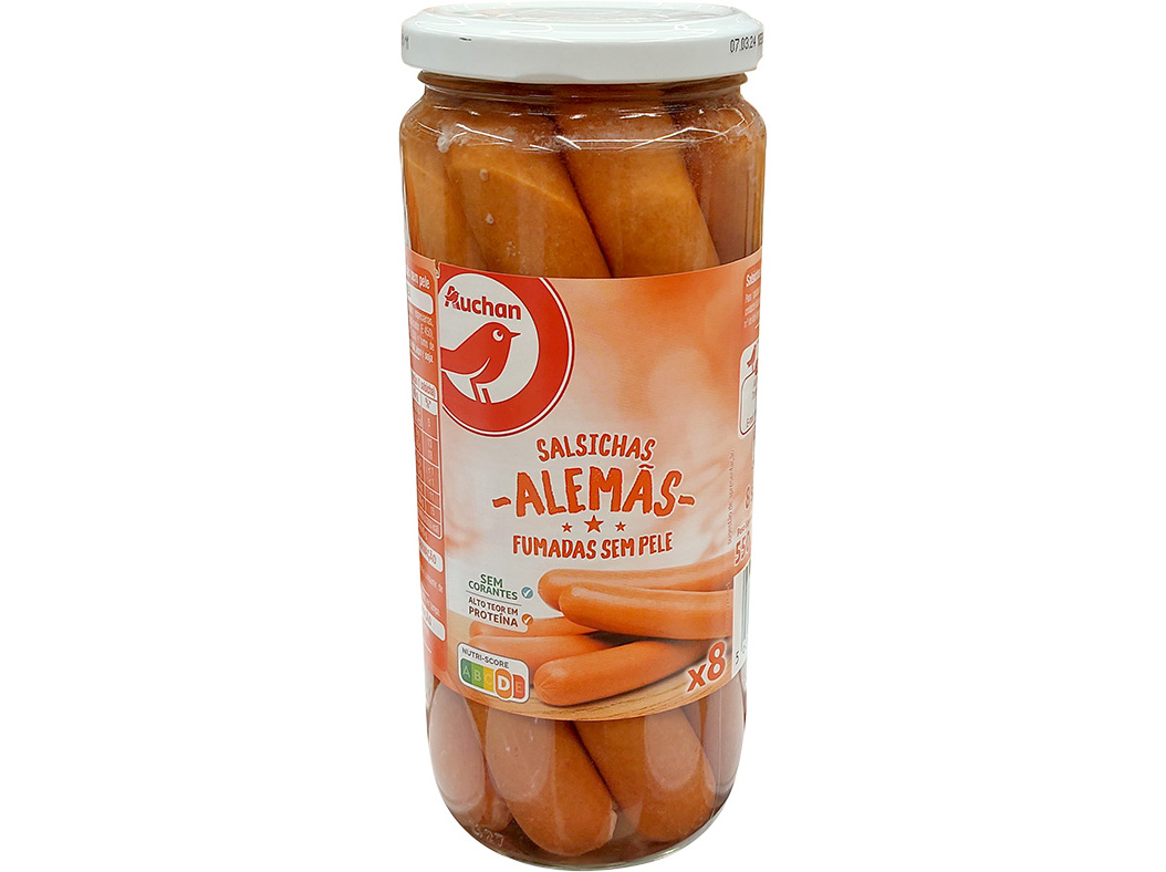 SALSICHAS ALEMÃS AUCHAN FUMADAS S/PELE 8UN 1030(720)G