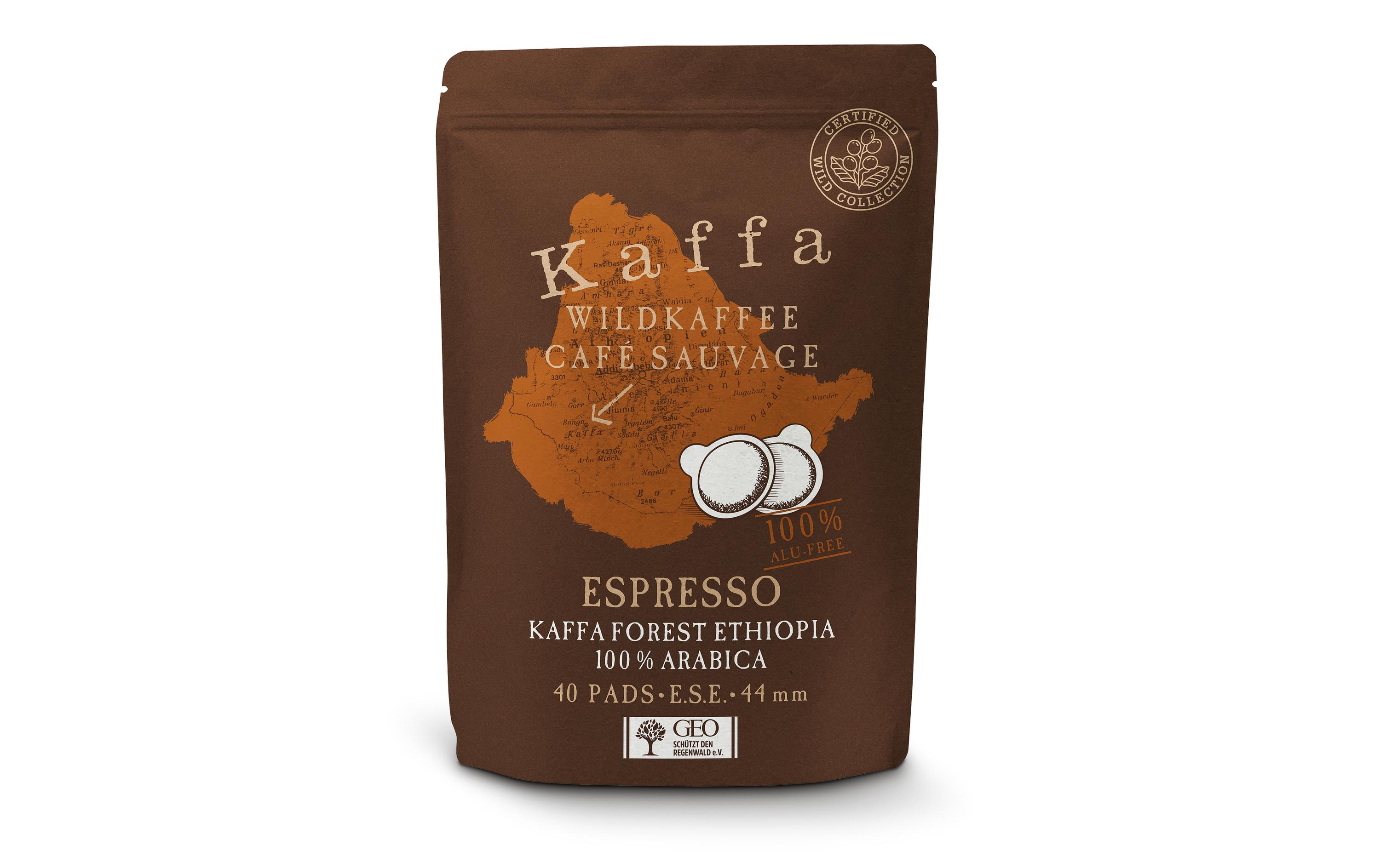 Kaffeepads Wildkaffee Kaffa Espresso 40 StückHochwertiger Bio-Kaffee in E.S.E. Pads