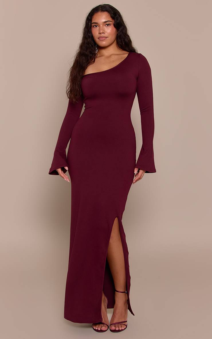 Rouge Bordeaux Robe Maxi Moulante Sculptante À Encolure Asymétrique Et Manches Évasées