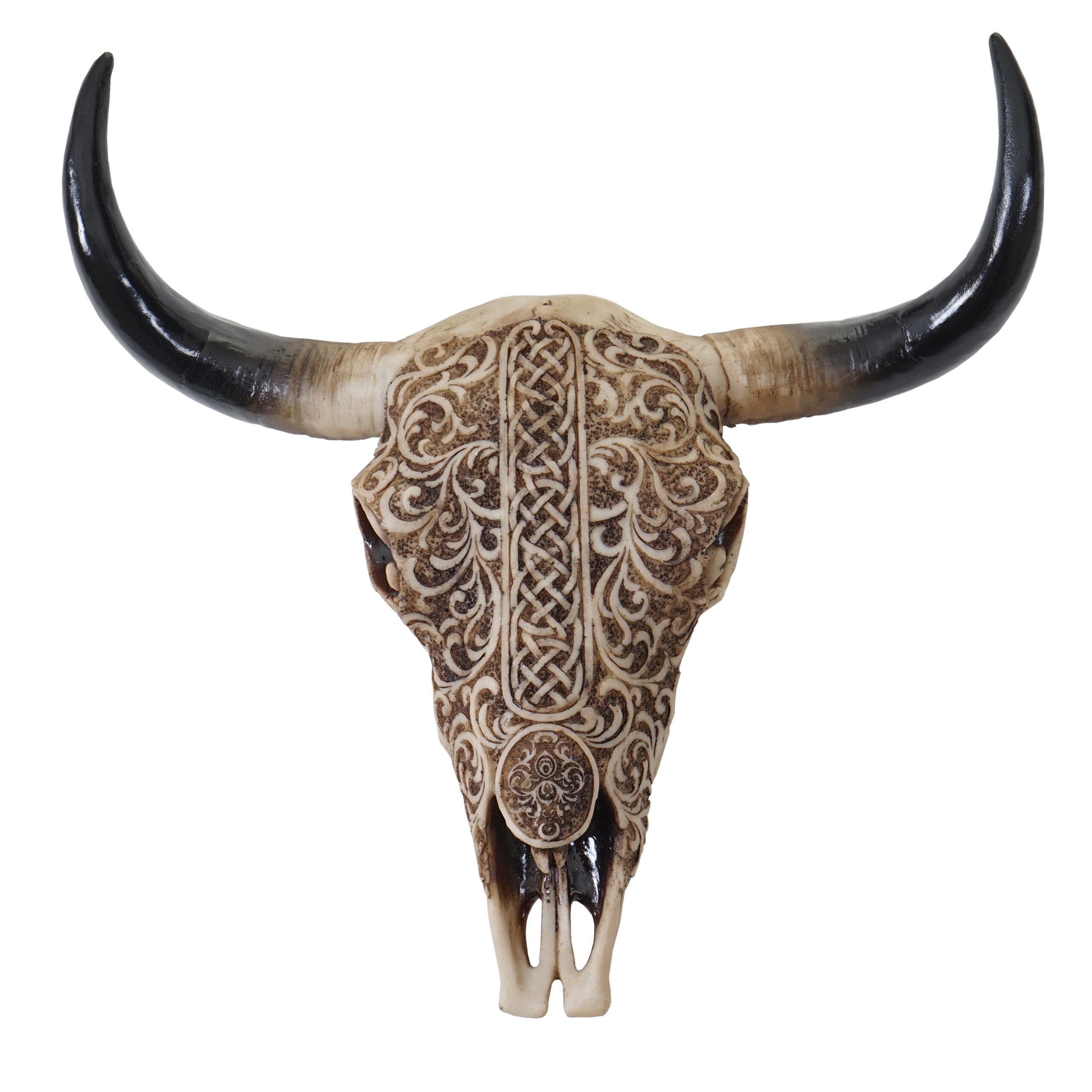 Deko Schädel 31cm MCW-C15, Polyresin Stier Bulle Longhorn Kopf Trophäe mit Tribal, In-/Outdoor