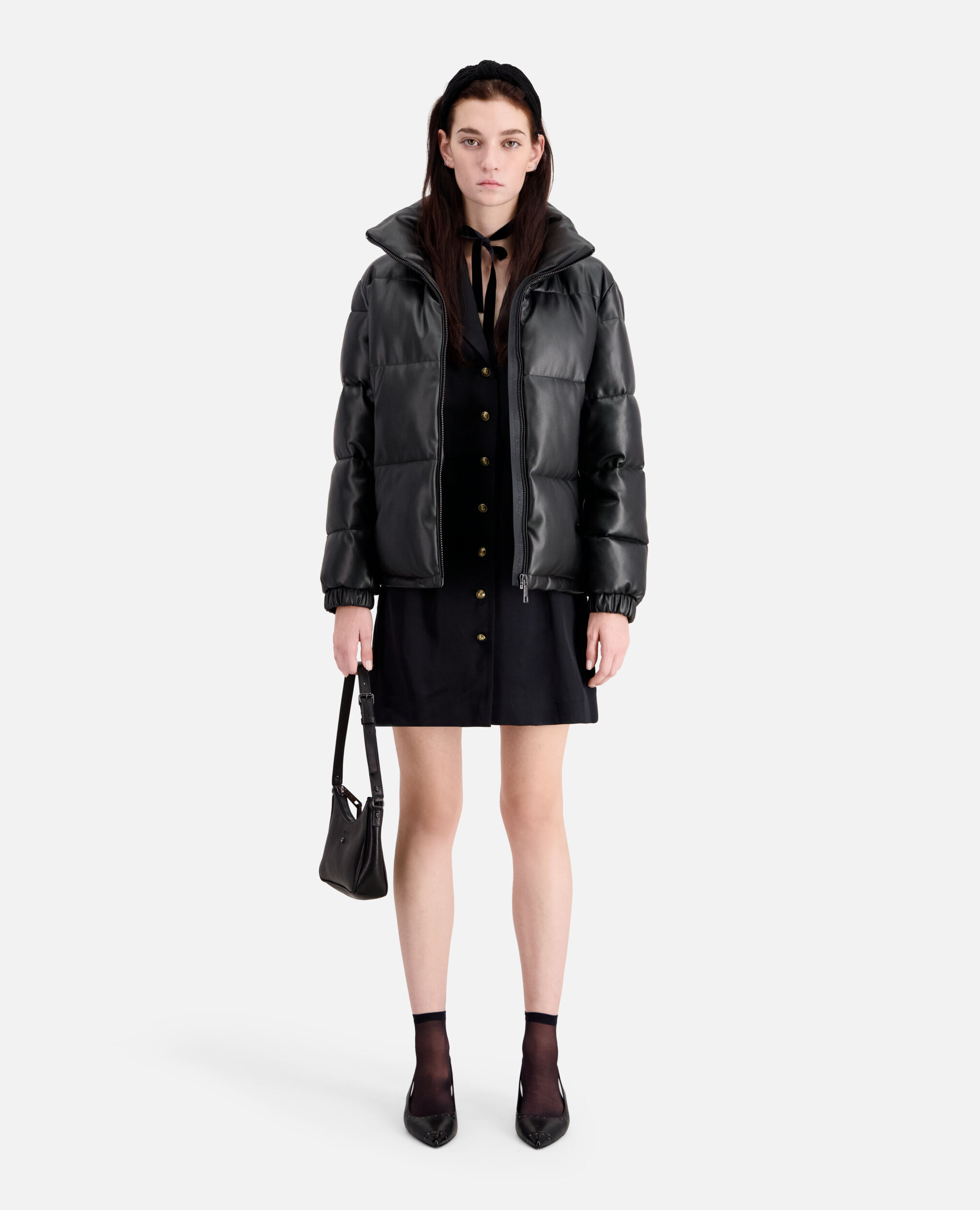 Black faux leather puffer jacket
