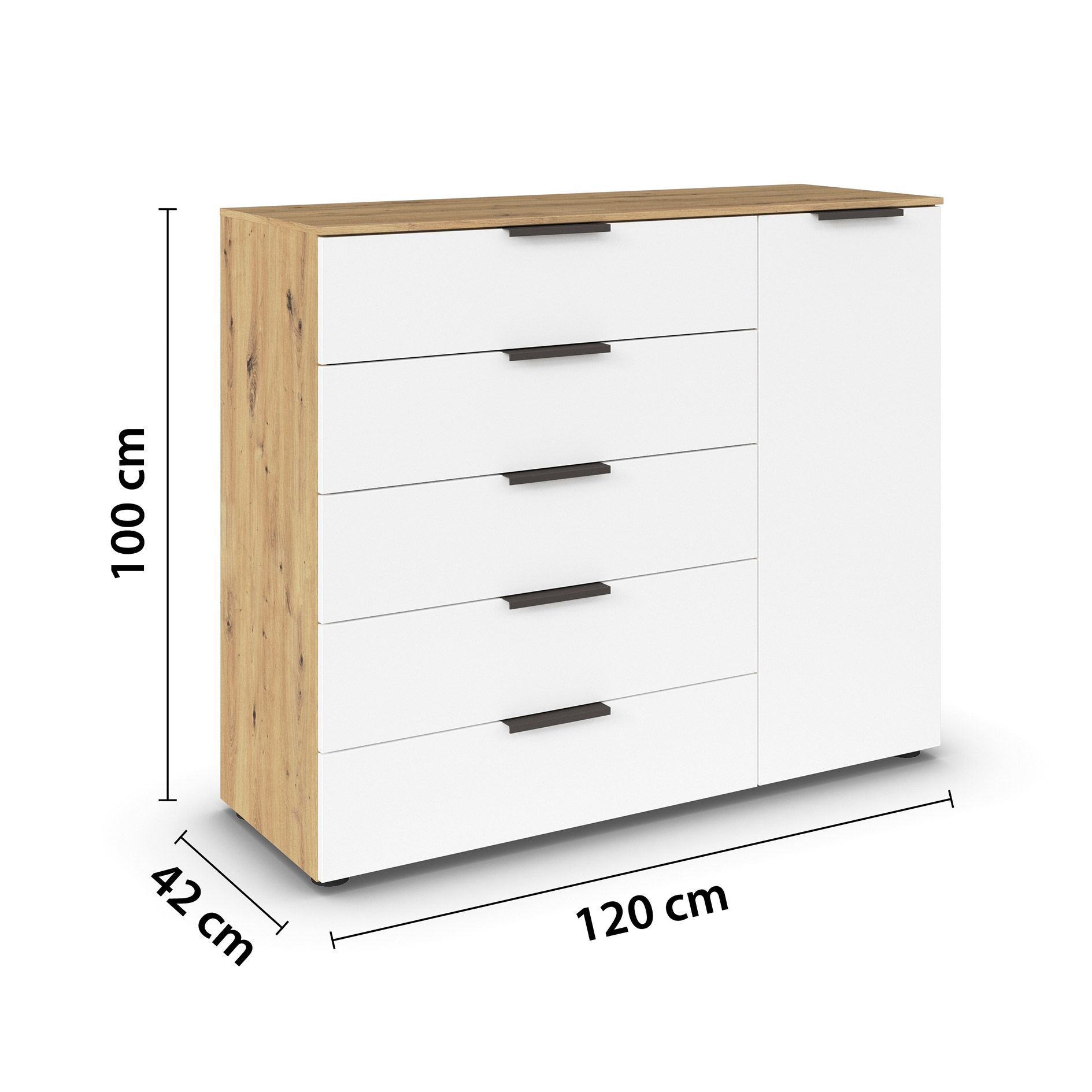 Kommode - Artisan Eiche-alpinweiß - Graphitgriffe - 120 cm