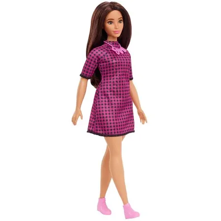 Barbie Fashionistas Puppe im pink-schwarz-karierten Kleid, kurvig, „Love“ Halskette, für Kinder ab 3 Jahren
