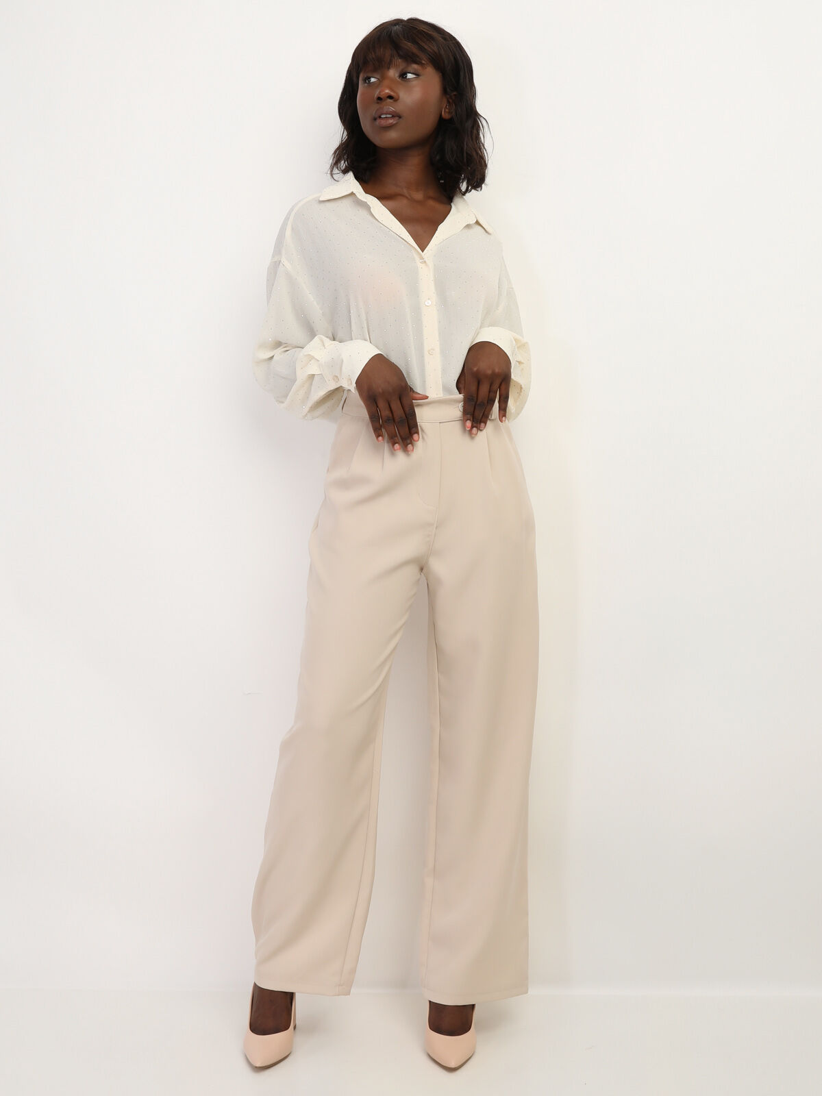 Pantalon de costume large à plis- Beige
