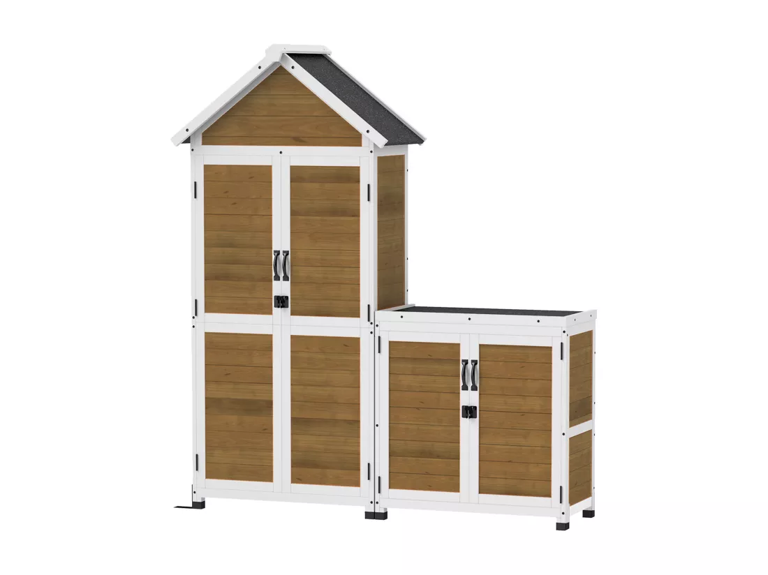 Ensemble armoire de jardin avec coffre extérieur assorti - 2 + 2 portes - 3 + 1 étagères - toit bitumé noir bois lasuré blanc