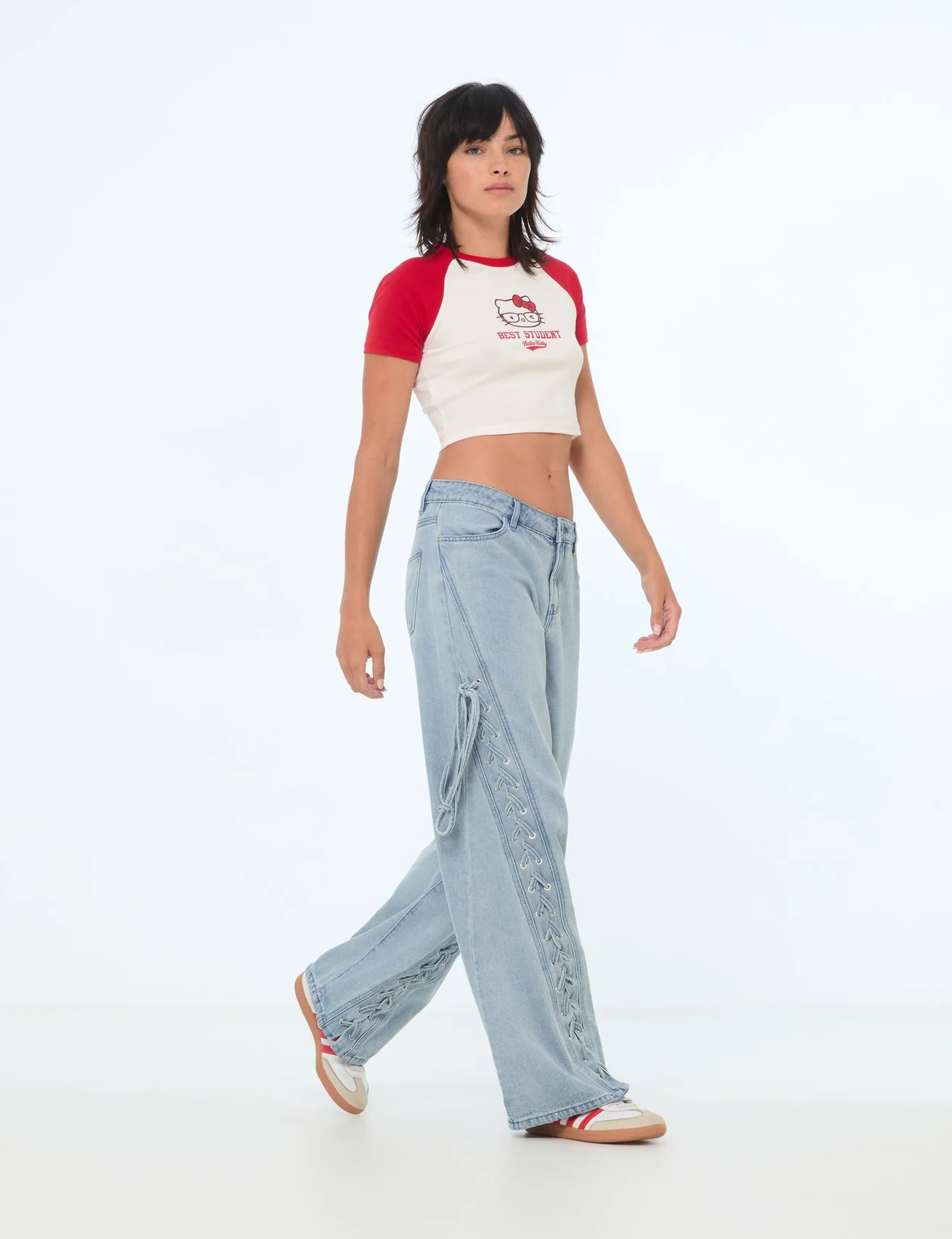 Jean droit Wide Leg taille basse à tresses bleu jean