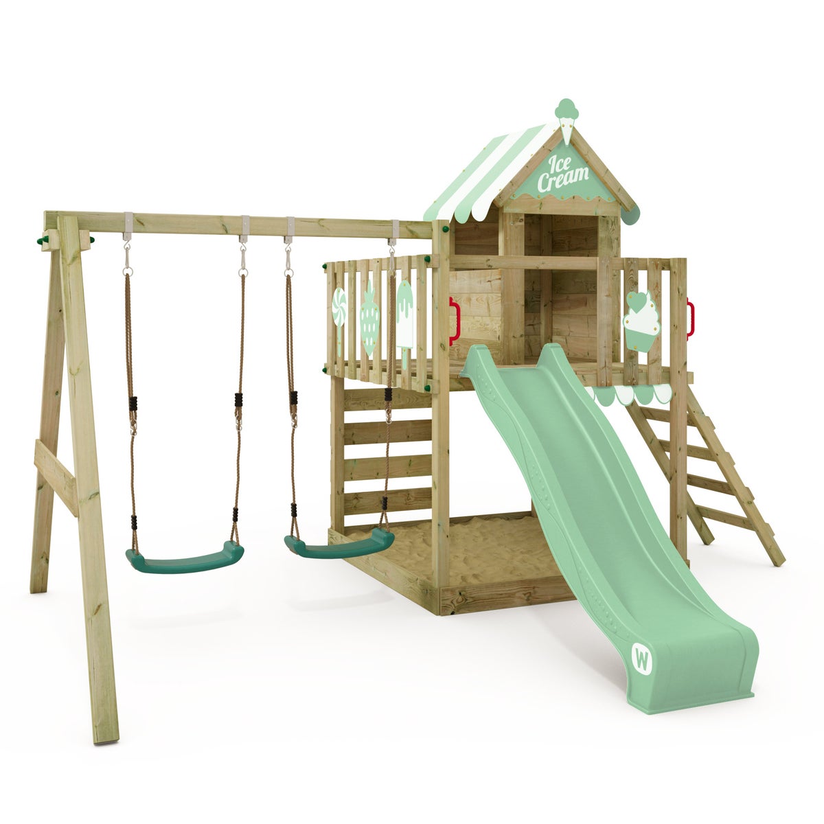 WICKEY Smart Candy speeltoren klimtoestel met schommel en glijbaan, boomhut met zandbak, klimladder en speelaccessoires – pastelgroen