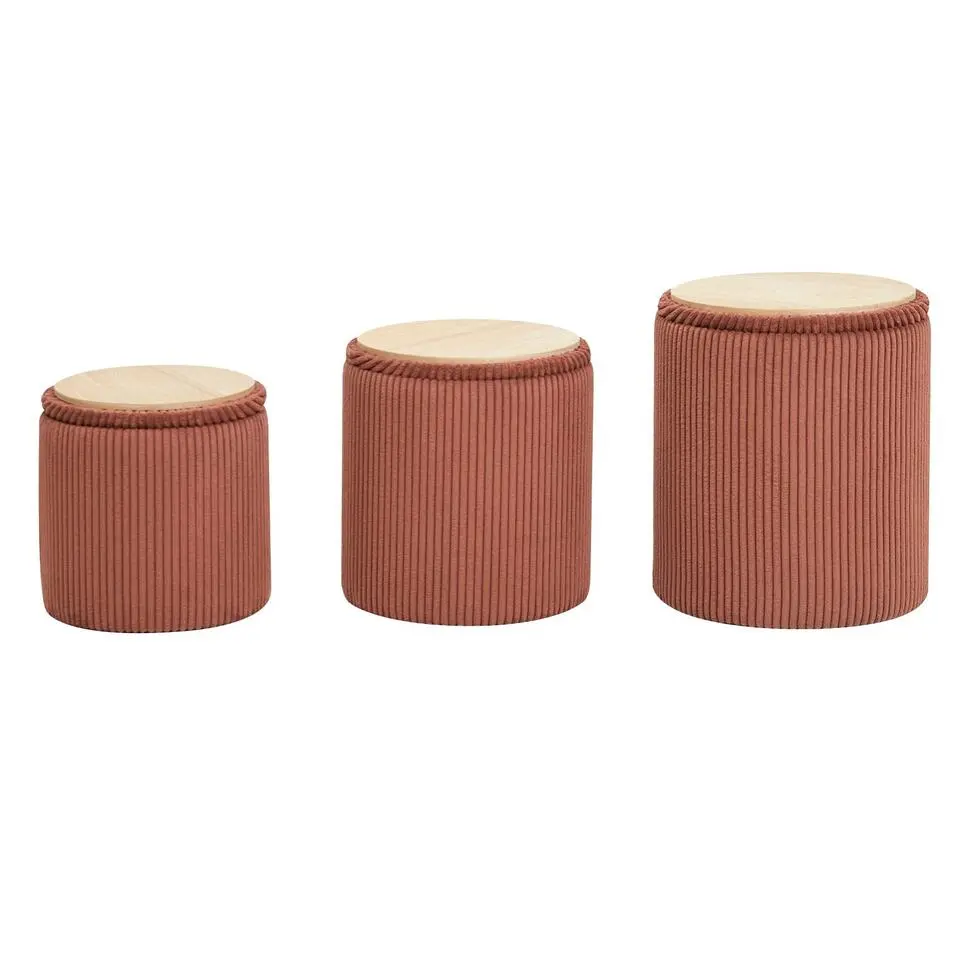 Set van 3 poefs met opbergruimte van hout en ribfluweel