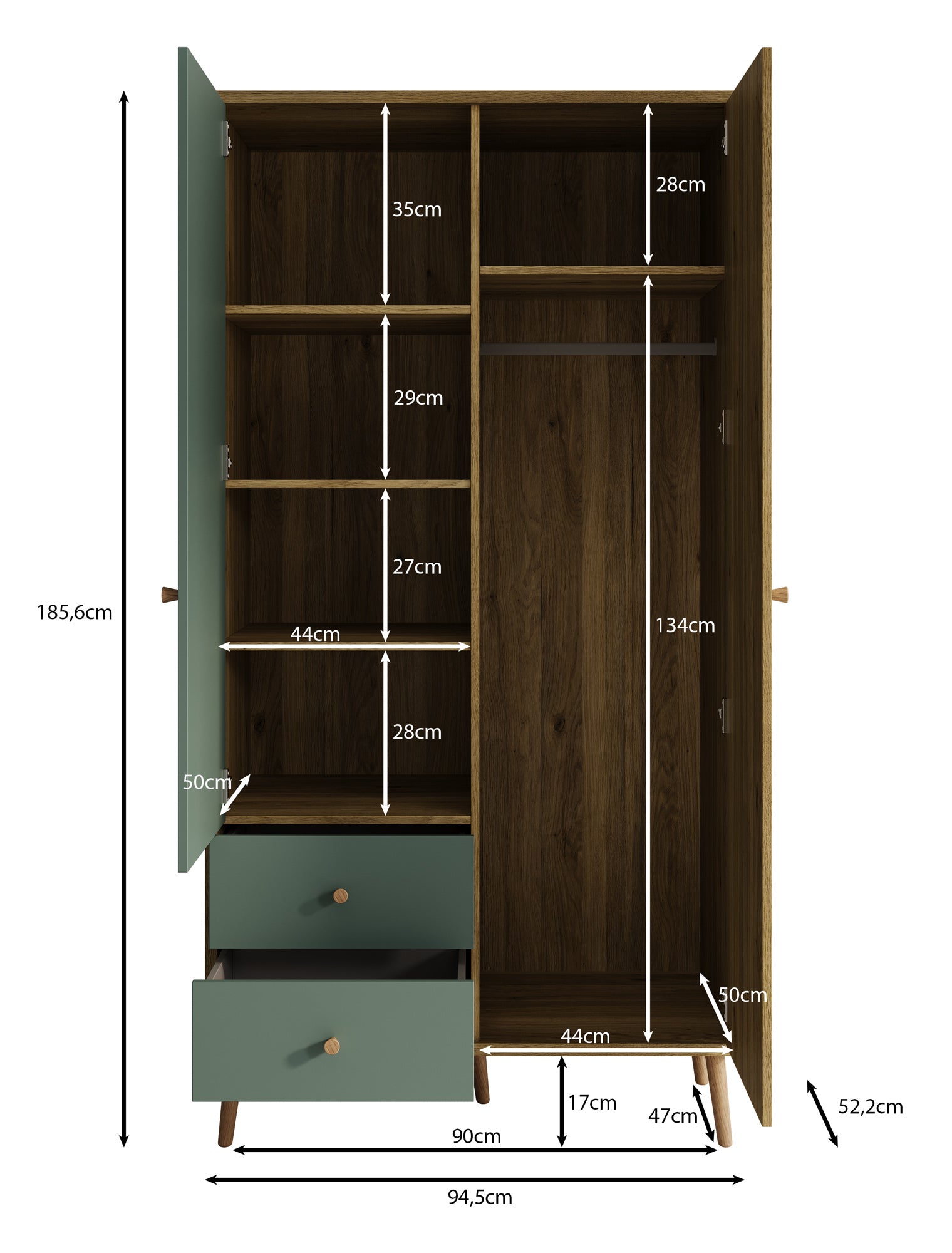 Wally - Kledingkast 2-deurs - Licht eiken/groen - 95x52x186 cm