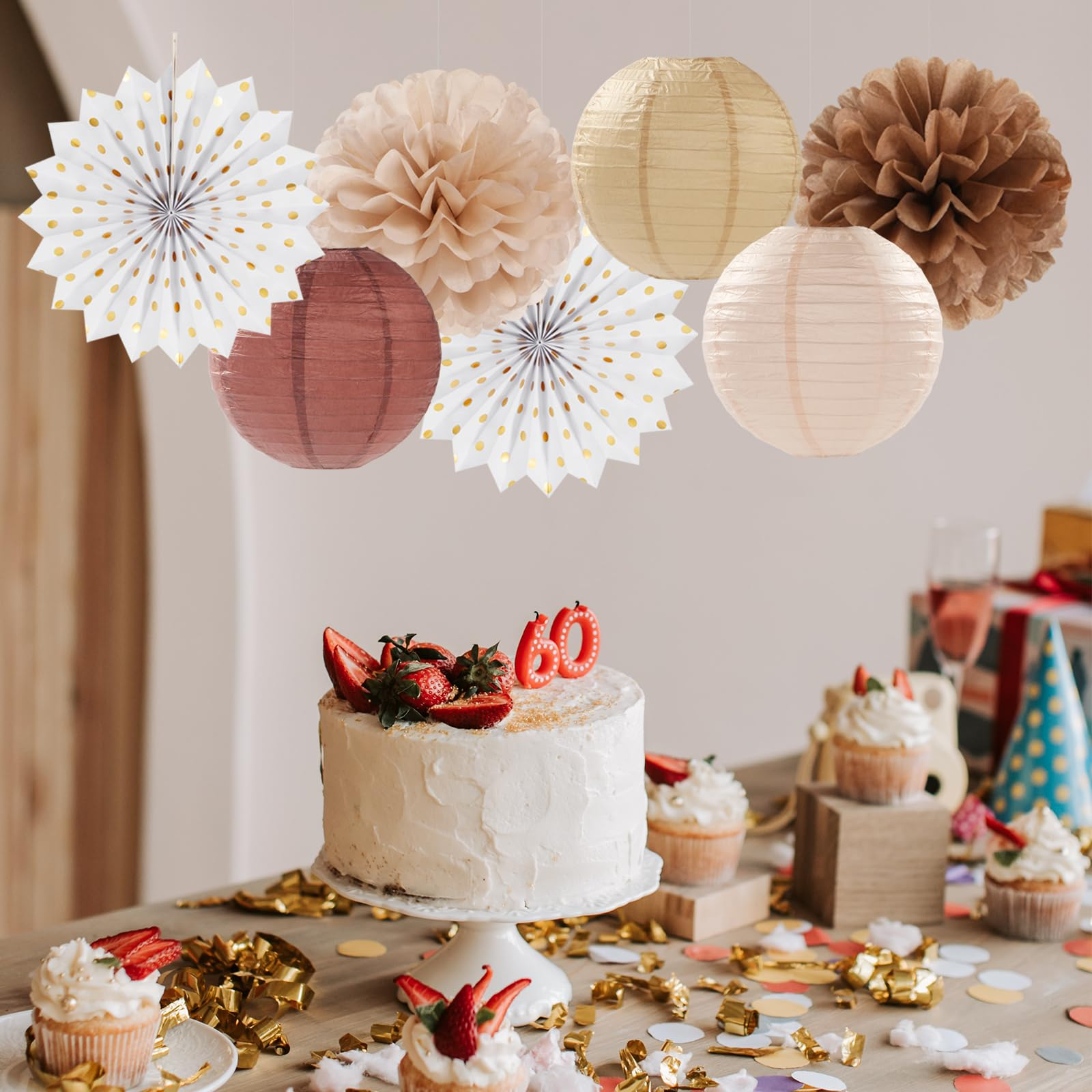 (14-tlg. Set) Papier Lampion Pompon's Deko Fächer Rosetten Party / Geburtstag / Hochzeit - Beige / Gold / Braun