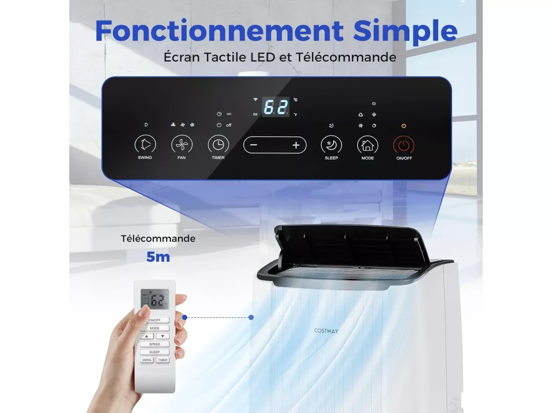 Climatiseur Mobile Silencieux 6 EN 1, Refroidissement,Chauffage,Ventilateur,Déshumidificateur,Mode Nuit,Climatisation Rapide,Clim Mobile (Clim Pro|14000BTU)